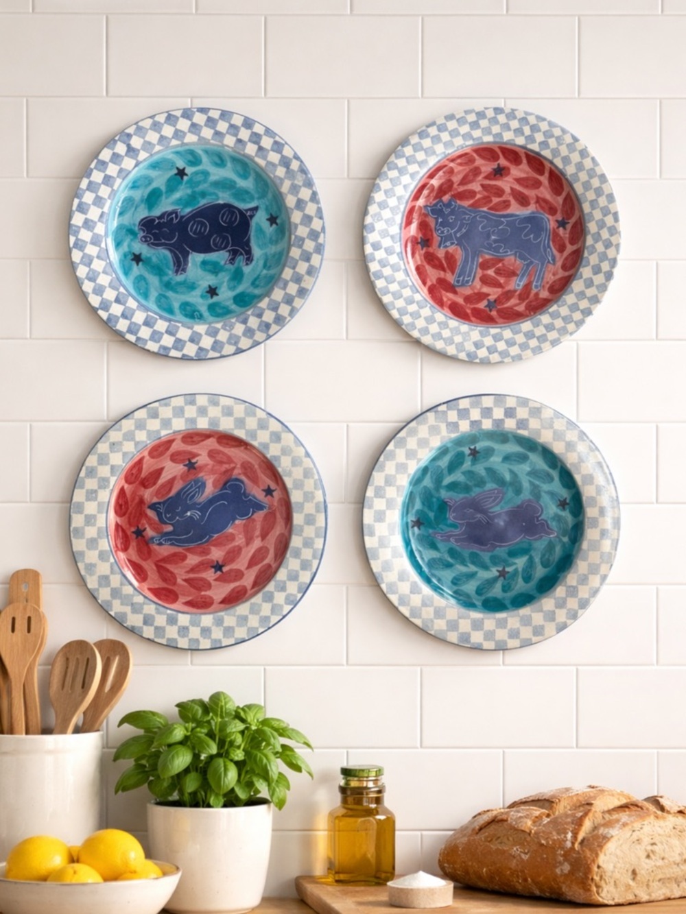 Daniel Lasser Hand-Painted Ceramic Animal Accent Dinner Plate #1 pig blue plate
